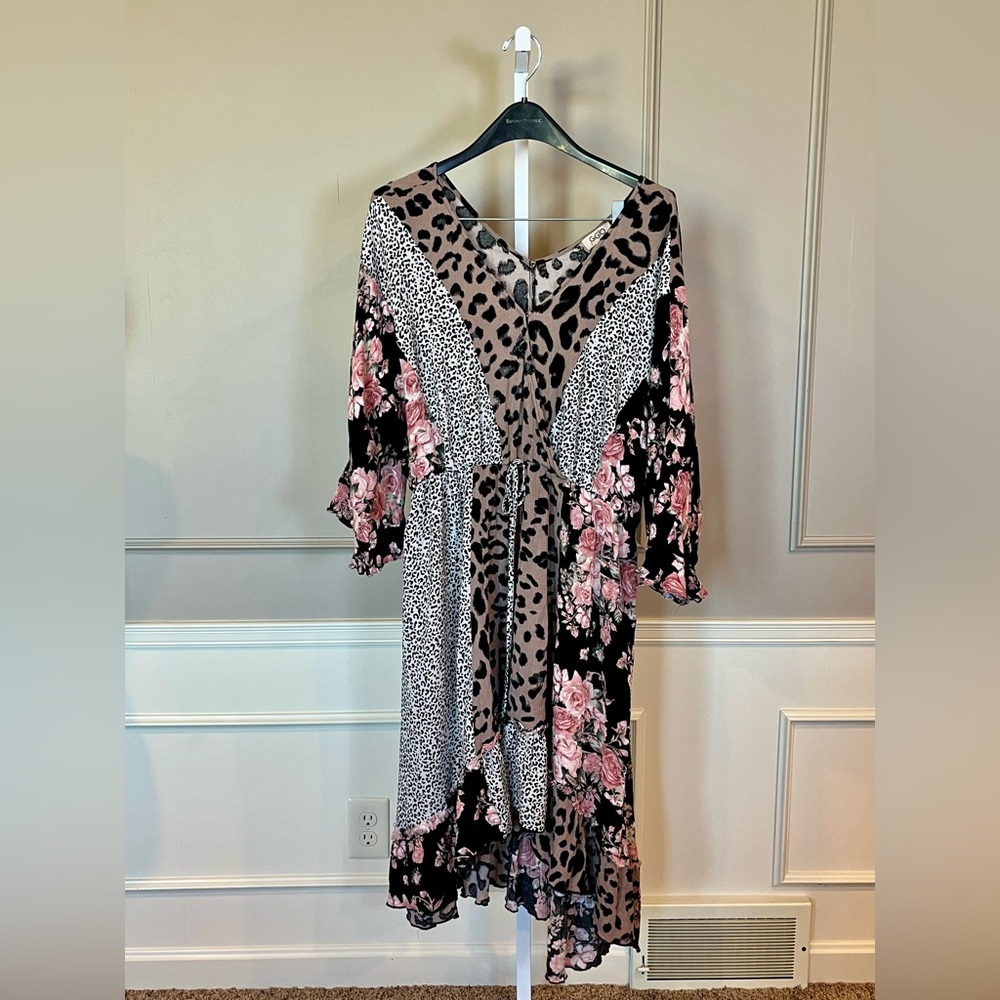 GiGio Plus 2XL Dress Mixed Print Peasant Floral Boho Cheetah Animal V Neck